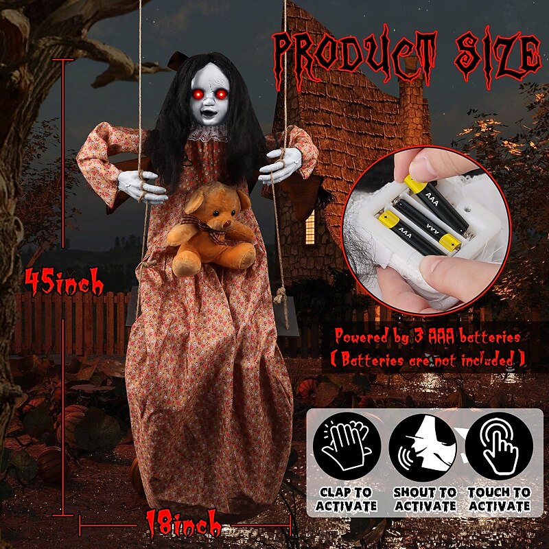 3.75ft Scary Halloween Decoration Outdoor, Halloween Hanging Swinging Girl, Sound and Touch Activated/Creepy Sounds/Light Up Eyes Scary Expression, Halloween Decoration Props, Suitable for Indoor and2