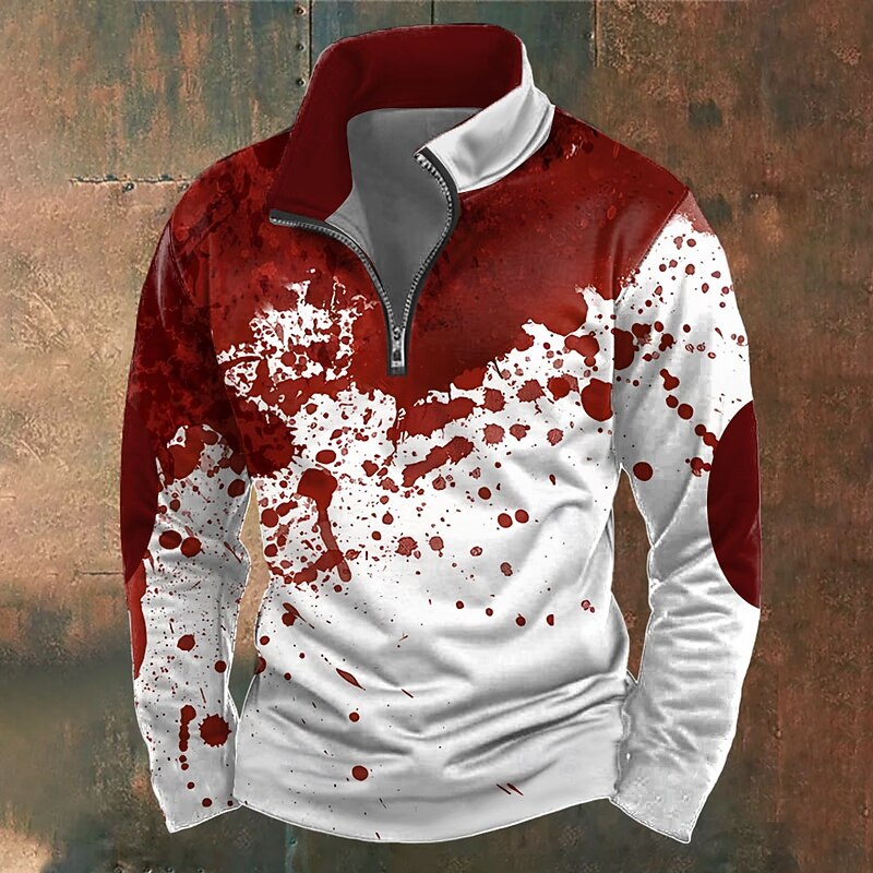Halloween Men's Blood Splatter Blood stains Sweatshirt Casual Long Sleeve High Neck Party Holiday Club Red Blue Zipper Quarter Zip Fall Winter Designer