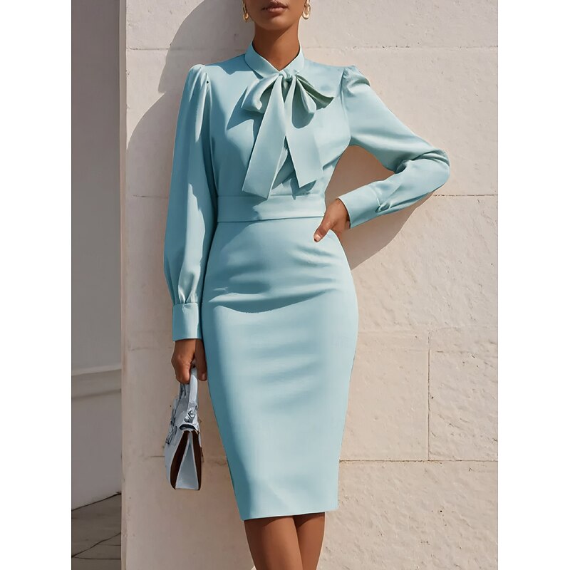 Women's Pink Blue Apricot Spring Fall Midi Dress Sheath Dress Birthday Formal Cocktail Puff Balloon Sleeve Formal Party Business Regular Fit Plain Stand Collar4