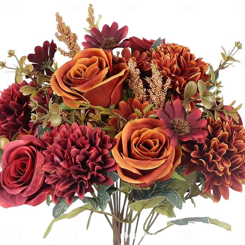 2 Bundles Fall Hydrangea Bouquet, Faux Peony, Rose, Daisy & Dried Flowers Handheld Floral Arrangement, Silk Flower Small Bunch for Home & Event Decor3