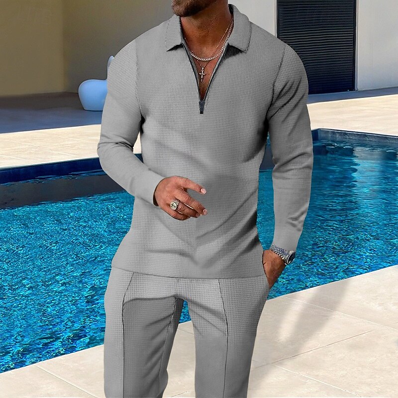 Men's Waffle Polo Shirts Polo Shirts Daily Wear Date Quarter Zip Long Sleeve Fashion Basic Plain Zipper Spring Fall Regular Fit Black Royal Blue Khaki Gray Waffle Polo Shirts4