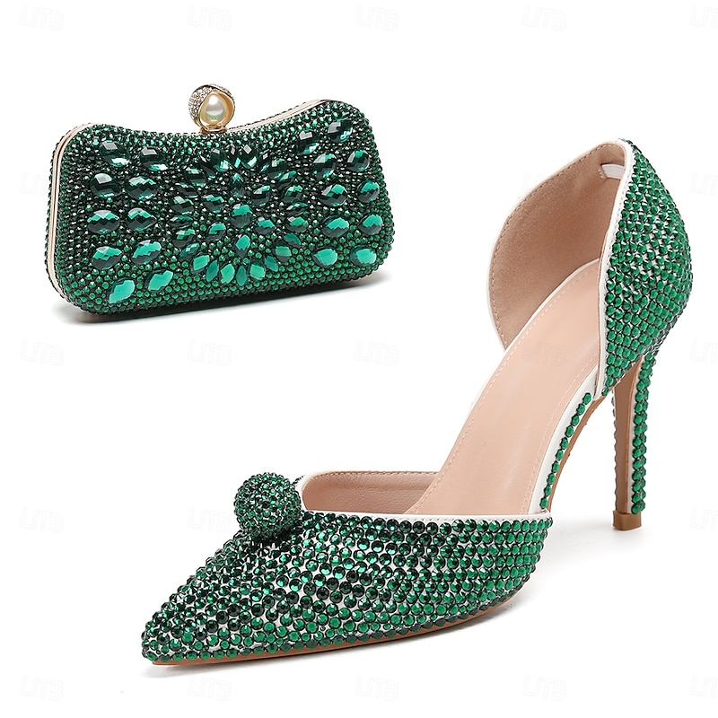 Women's Champagne Rhinestone Stiletto Heels and Clutch Bag Set – Elegant Pointed Toe High Heel Shoes for Wedding, Prom, and Evening Parties4