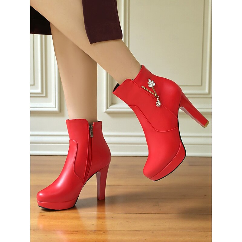 Women's Red High Heel Ankle Boots with Platform and Zipper Charm – Elegant Faux Leather Dress Booties for Christmas Party, Winter Fashion and Evening Outfits3