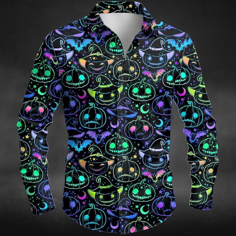 Halloween Men's Pumpkin Neon Halloween Costumes Shirt Button Up Shirt Long Sleeve Dark Gothic Style Outdoor Holiday Summer Spring Turndown 3D Print Collared Shirts Red Blue Purple3