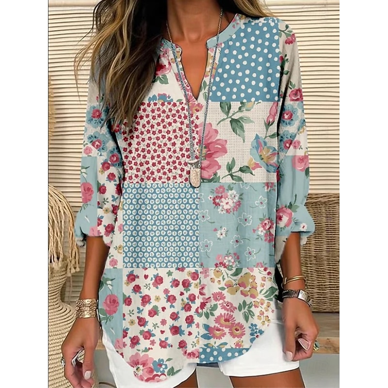Women's Blouse Tunic V Neck Long Sleeve Boho Casual Graphic Geometric Color Block Elegant Bohemia Vintage Regular Tops Daily Wear Print Denim Blue Blue Sky Blue Green