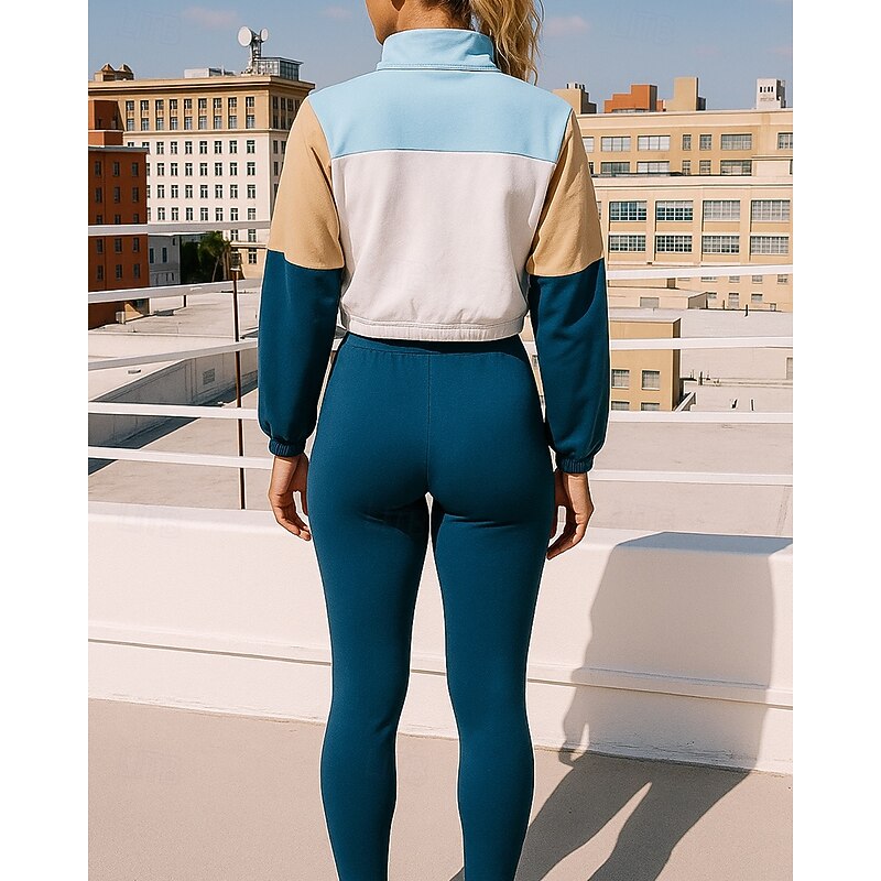 Women's Tracksuit Sweatpants Sportswear Quarter Zipper with Pocket Color Block Clothing Suit Fall Red Blue Outdoor Travel Sports High Waist Long Sleeve Sport Activewear Micro-elastic Regular Fit2