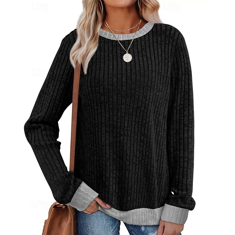 Women's Sweater Pullover Daily Stylish Casual Color Block Ribbed Crew Neck Knitted Long Sleeve Regular Tops Knit Daily Holiday Going out Black Red Fall Winter4