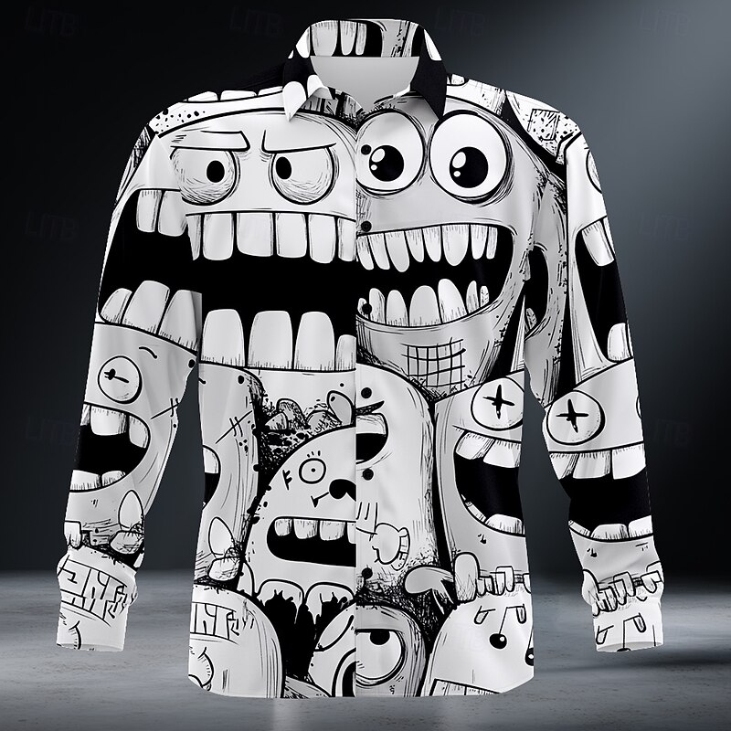 Men's Cartoon Funny Smile Face Shirt Button Up Shirt Long Sleeve Vintage Retro Outdoor Holiday Summer Spring Turndown 3D Print Collared Shirts Dark Green Orange Dark Blue Gray