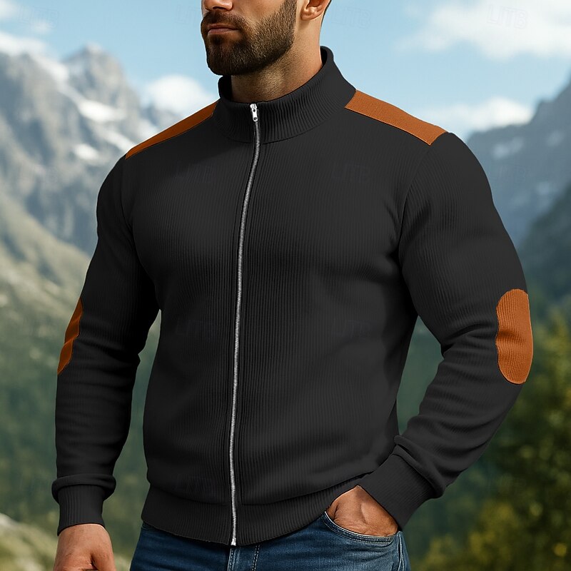 Men's Sweatshirt Corduroy Pullover Hoodie Sweatshirt Pullover Full Zip Sweatshirt Apricot Black White Navy Blue Coffee Standing Collar Plain Patchwork Sports & Outdoor Casual Daily Streetwear Cool3