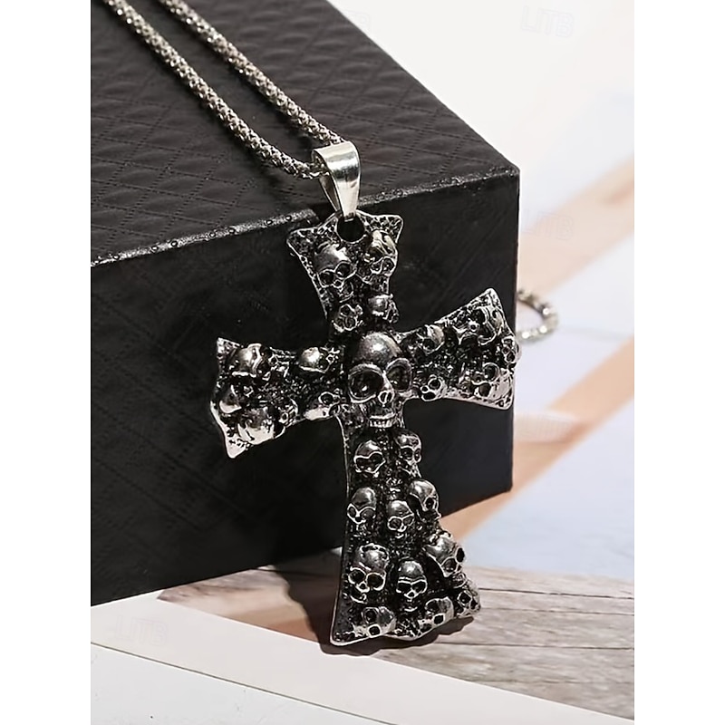 Men's Halloween Skull - Embedded Cross Pendant Necklace, Gothic Style, Ideal for Festive Parties & Daily Edgy Looks2