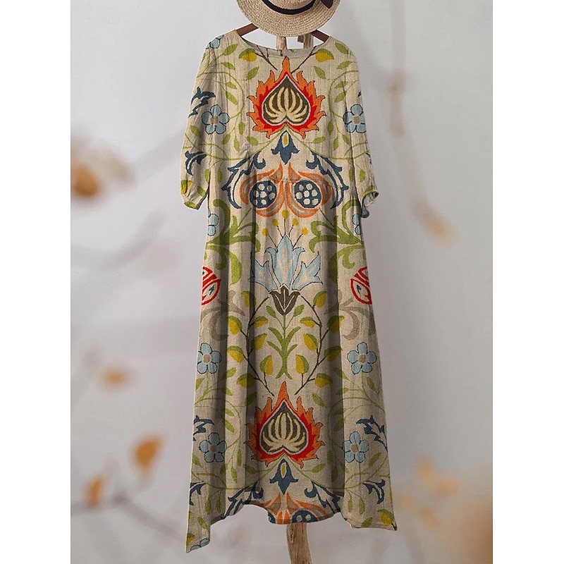 Women's Maxi Dress Kaftan 3/4 Length Sleeve Crew Neck Casual Shift Dress Dress Boho Daily Holiday Date Floral Graphic Yellow Pink Blue Green Spring Fall2