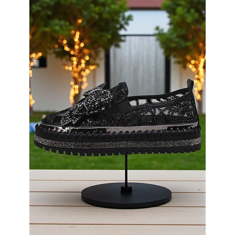Women's Black Lace Slip-On Shoes with Rhinestone Bow Detailing - Glamorous Nightlife Party Footwear4