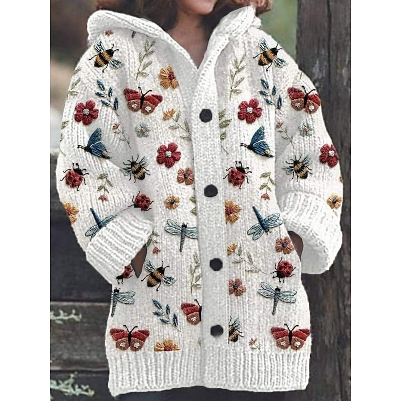 Women's Cardigan Vacation Daily Floral Ribbed Hooded Knitted Print Front Pocket Long Sleeve Regular Tops Knit Outdoor Daily Holiday White Yellow Fall Winter3