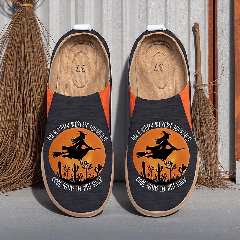 Women's Canvas Wide-Width Slip-On Shoes with Witch Flying Desert Sunset Print – Halloween Theme Flats for Parties, Festivals and Everyday Casual Wear2