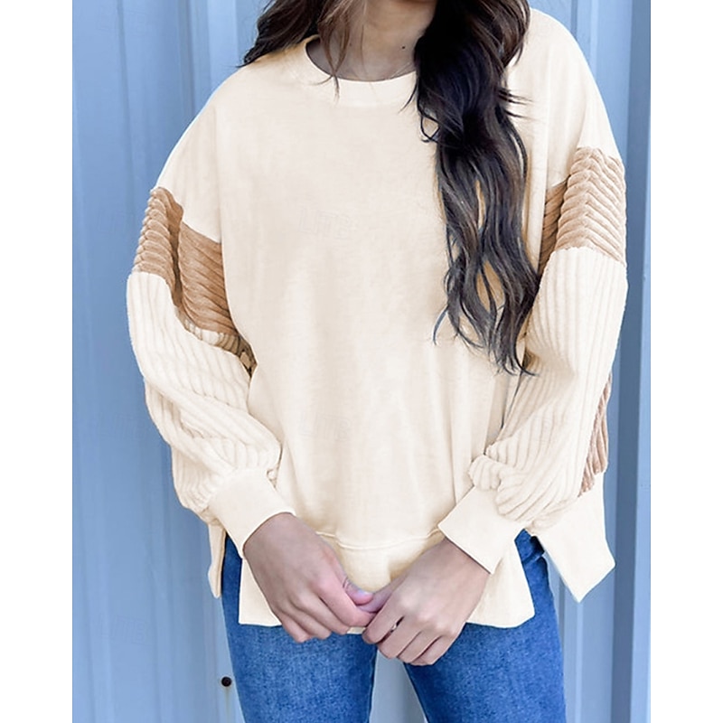Women's Pullover Sweatshirt Sweatshirts Color Block Streetwear Casual Long Sleeve Round Neck Regular Tops Street Holiday Going out Patchwork Beige Fall Winter