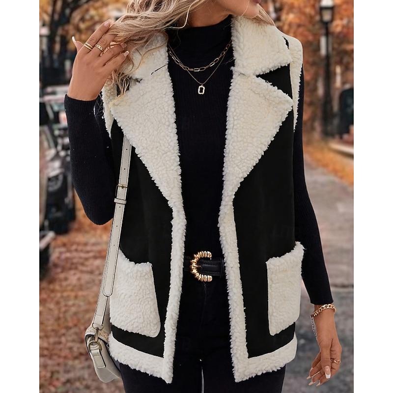 Women's Vest Warm Comfortable Patchwork Pocket Casual Color Block Outdoor Weekend Open Front Regular Turndown Regular Fit Sleeveless Outerwear Black Brown Fall Winter4