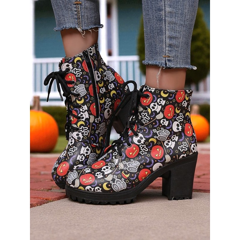 Women's Halloween Print Chunky Heel Lace-Up Ankle Boots – Spooky Skull & Pumpkin Pattern Gothic Style Combat Booties for Costume Parties & Fall Streetwear2