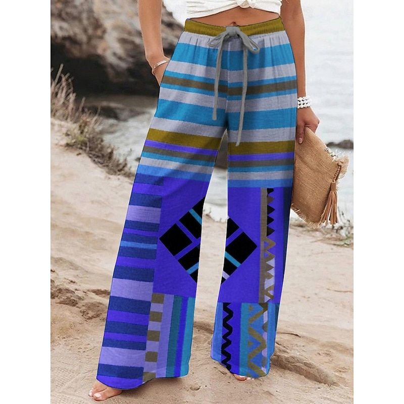Women's Wide Leg Pants Trousers Ethnic Style Retro Vintage Long High Waist Geometic Elastic Waist Printing High Cut Breathability Soft Micro-elastic Vacation Street Daily Wear Yellow Purple Fuchsia2