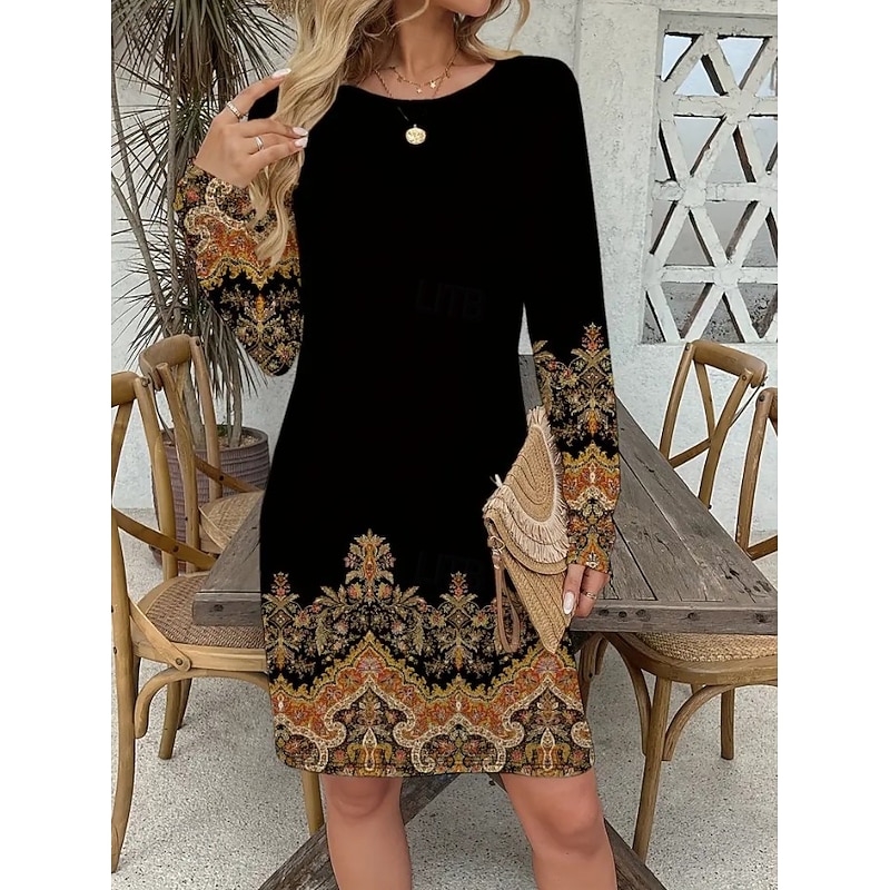 Women's Mini Dress Corset Dress Vacation Casual Boho Birthday Daily Holiday Regular Fit Graphic Paisley Tribal Long Sleeve Crew Neck Black Gold Gray Spring Fall Winter