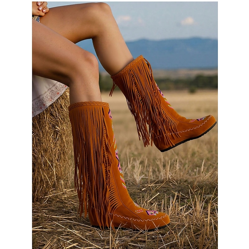 Women's Fringe Embroidered Faux Suede Knee-High Boots, Bohemian Style for Festivals and Casual Wear4