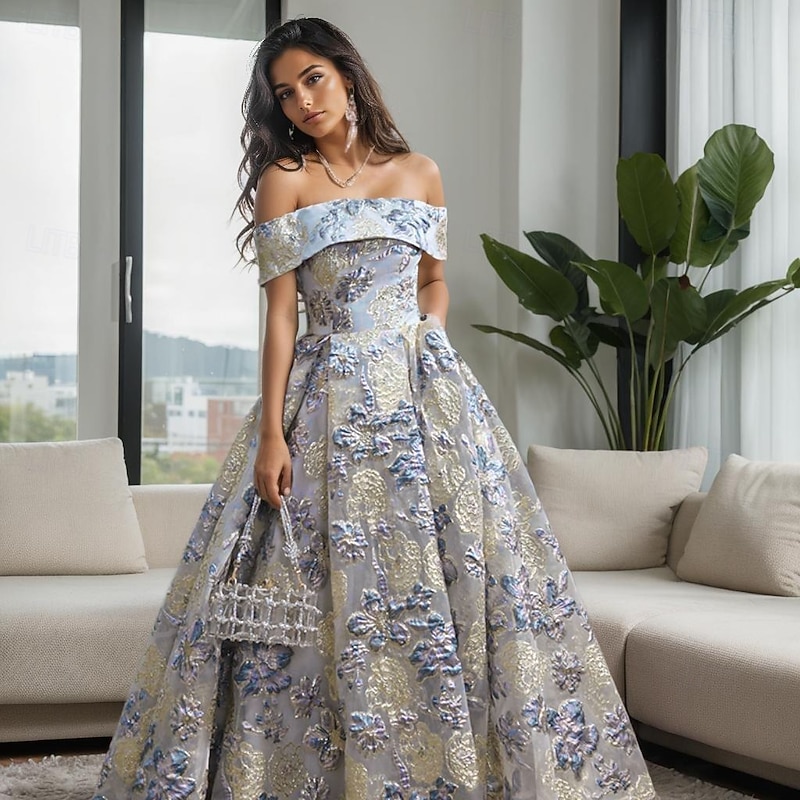 Jacquard Brocade A-Line Prom Dresses Elegant Dress Wedding Guest Evening Party Floor Length Off Shoulder  Sleevewith Floral Print Wedding Guest Dress