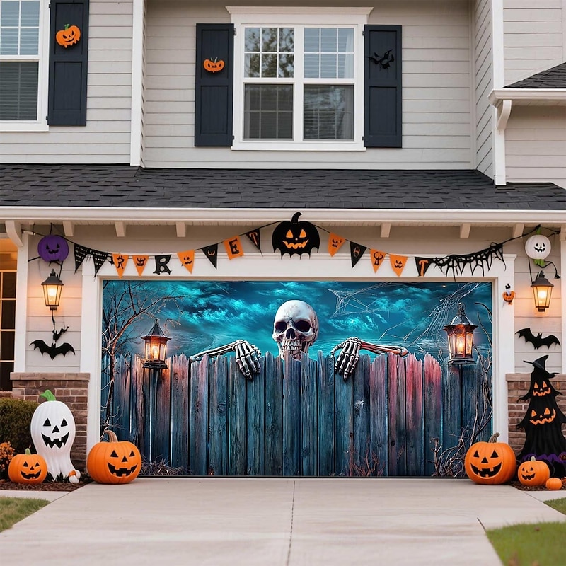 Halloween Garage Door Cover Large Hanging Backdrop Skeleton Bloodstains 3D Dark Punk Gothic Style Party Outdoor Shooting Backgrounds Front Door Home Decor