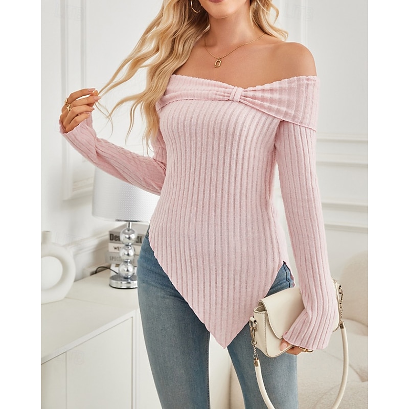 Women's Blouse Plain Stylish Modern Long Sleeve Off Shoulder Regular Tops Holiday Going out Bow Backless Black White Pink Apricot Light Blue Fall2