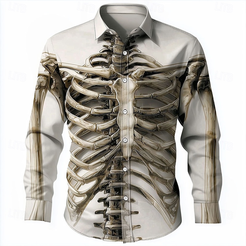Halloween Men's Optical Illusion Skeleton Shirt Button Up Shirt Long Sleeve Dark Gothic Style Outdoor Holiday Spring Fall Turndown 3D Print Linen Like Shirt White 1 White #2 White2