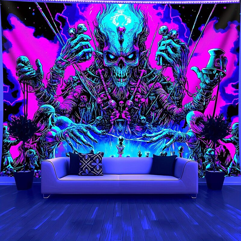 Blacklight Skeleton Tapestry Wall Hanging – Neon Horror Skull Wall Decor for Halloween Party, UV Reactive Fluorescent Glowing Tapestry for Bedroom, Living Room, Game Room Decoration