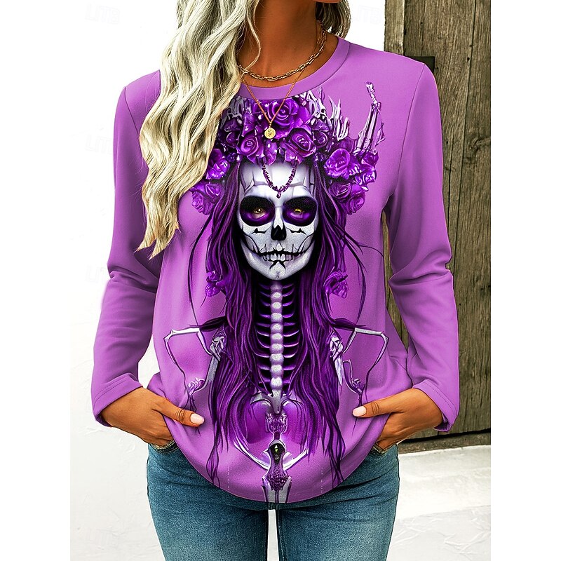 Halloween Women's T Shirt Skulls Floral Graphic Vintage Stylish Classic Long Sleeve Crew Neck Regular Tops Daily Print Blue Purple Green Gray Spring Fall Winter