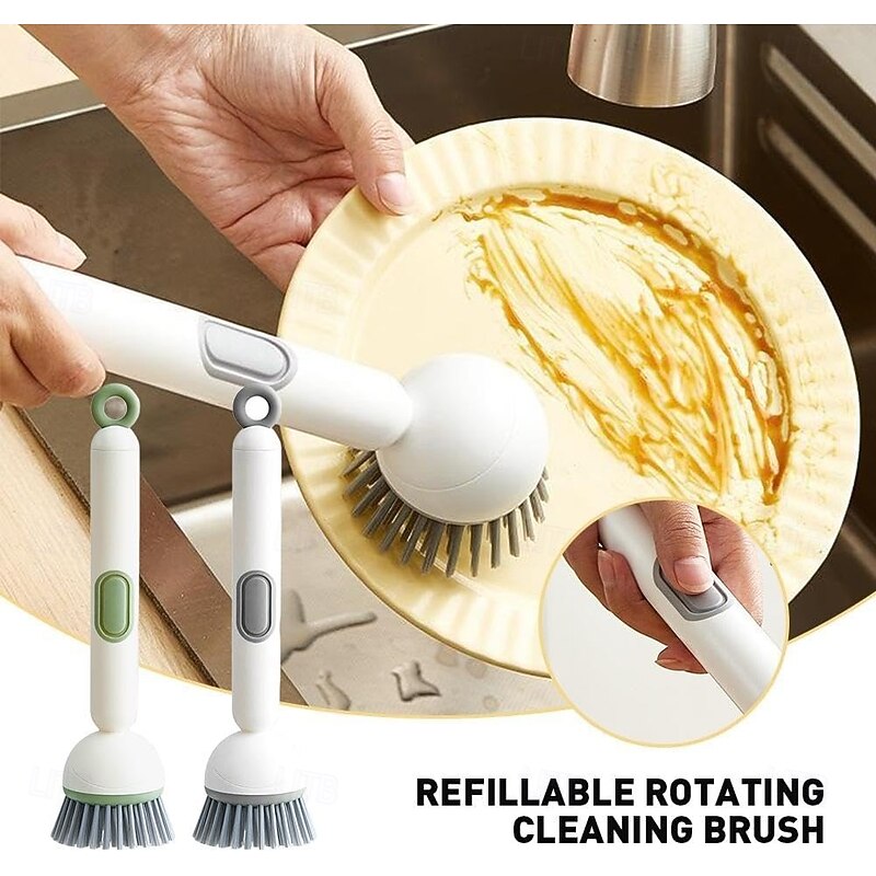 Adjustable Cleaning Brush with Liquid Dispenser Long Handle Rotating Pot Brush with Cleaning Liquid 6-Level Adjustable Handle & Refillable PET Scrub Head Scratch-Free for Kitchen and Cookware Cleaning3