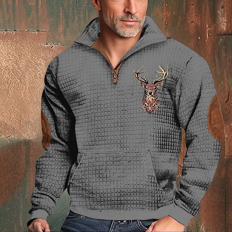 Men's Sweatshirt Quarter Zip Sweatshirt Black White Navy Blue Khaki Light Grey Half Zip Elk Print Sports & Outdoor Daily Holiday Polyester Streetwear Basic Casual Spring Fall Clothing Apparel Hoodies4