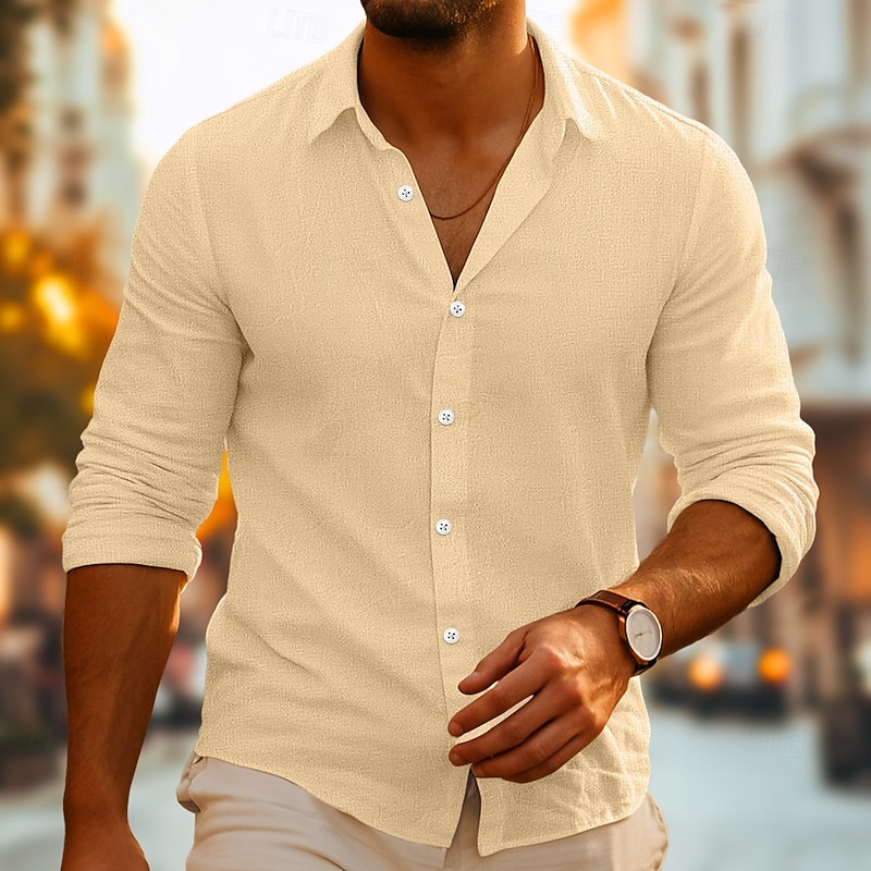 Men's Shirt Linen Shirt Summer Shirt Beach Wear Button Up Shirt Plain Vacation Casual White Pink Green Khaki Long Sleeve Turndown Summer Spring Clothing Apparel