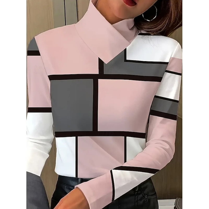Women's T Shirt Graphic Geometric Color Block Elegant Vintage Stylish Long Sleeve High Neck Asymmetric Neck Regular Tops Daily Print Tiered Black Pink Green Spring Fall Winter