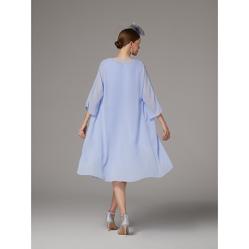 Beach Wedding Two Piece Sheath Mother of the Bride Dress Wedding Guest Elegant Jewel Neck Tea Length Chiffon Lace Sleeveless Jacket Dresses with Appliques2