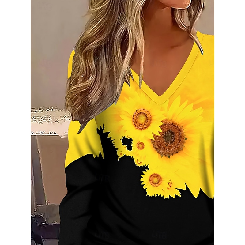 Women's T shirt Long Sleeve Floral Graphic Plants Vintage Stylish Classic Long Sleeve V Neck Regular Tops Daily Print Yellow Spring Fall Winter Prefall2