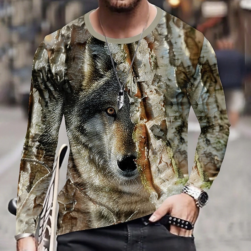 Men's Wolf Camo T Shirt Long Sleeve T shirt 3D Print Crew Neck Shirt Fashion Outdoor Street Sports Outdoor Hunting Dark Brown Light Brown Brown Summer Spring Clothing Apparel S M L XL XXL XXXL