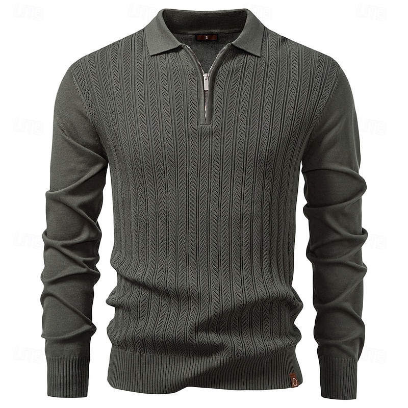 Men's Pullover Sweater Jumper Knit Regular Tops Jacquard Buttons Solid Color Turndown Vintage Casual School Home Clothing Apparel Spring Fall Black Khaki S M L