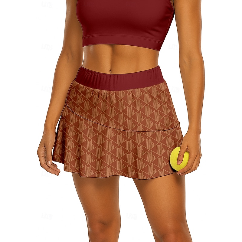 Women's Geometric Tennis Skirts Patchwork Pocket 2 in 1 UPF50+ UV Resistant With Pockets Volleyball Tennis Badminton Shorts Skirt Brown Tennis Clothing