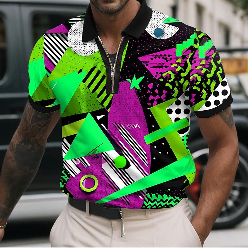 Men's Abstract Geometic Zip Polo Shirts Short Sleeve Polo Shirts Collared Shirts Casual Athleisure Daily Wear 3D Print Summer Yellow Red Blue4