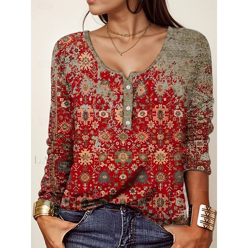 Women's Tunic T Shirt Floral Graphic Geometric Stylish Casual Boho Long Sleeve Crew Neck Regular Tops Daily Going out Weekend Black Red Orange Brown Khaki Fall Winter4