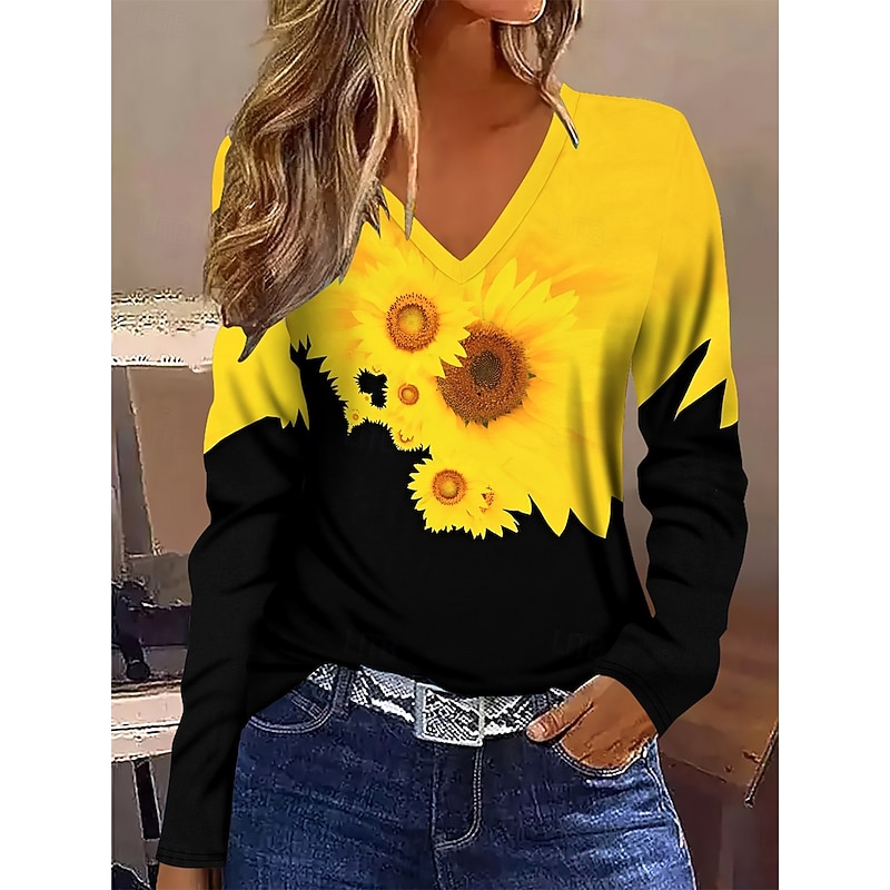 Women's T shirt Long Sleeve Floral Graphic Plants Vintage Stylish Classic Long Sleeve V Neck Regular Tops Daily Print Yellow Spring Fall Winter Prefall