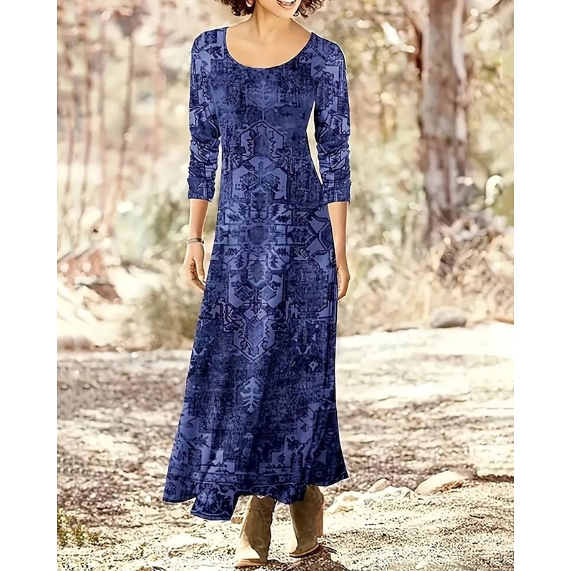 Women's Long Dress Maxi Dress Casual Dress Print Dress Vintage Fashion Daily Date Weekend Regular Fit Flower Long Sleeve Crew Neck Blue Dark Gray Spring Fall2