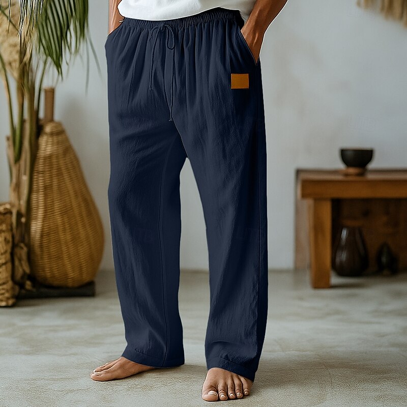 Men's Linen Pants Trousers Summer Pants Baggy Pants Beach Pants Drawstring Elastic Waist Straight Leg Solid Color Plain Comfort Breathable Full Length Outdoor Holiday Beach Vacation Fashion Black