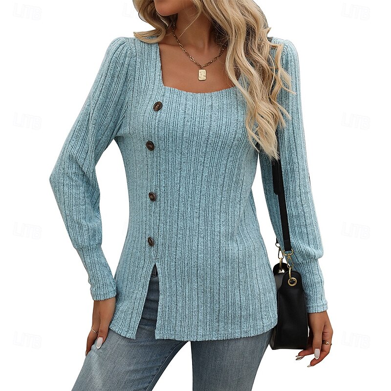 Women's Blouse Solid Color Elegant Vintage Daily Long Sleeve Square Neck Regular Tops Work Daily Holiday Buttons Asymmetric Light Blue claret Black Light Purple Army Green Spring Fall Winter3