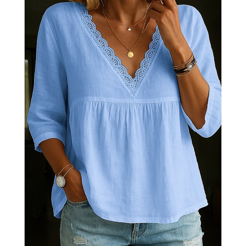 Women's Shirt Blouse Plain Modern Casual Long Sleeve V Neck Regular Tops Daily Going out Patchwork White Yellow Green Light Blue Fall2