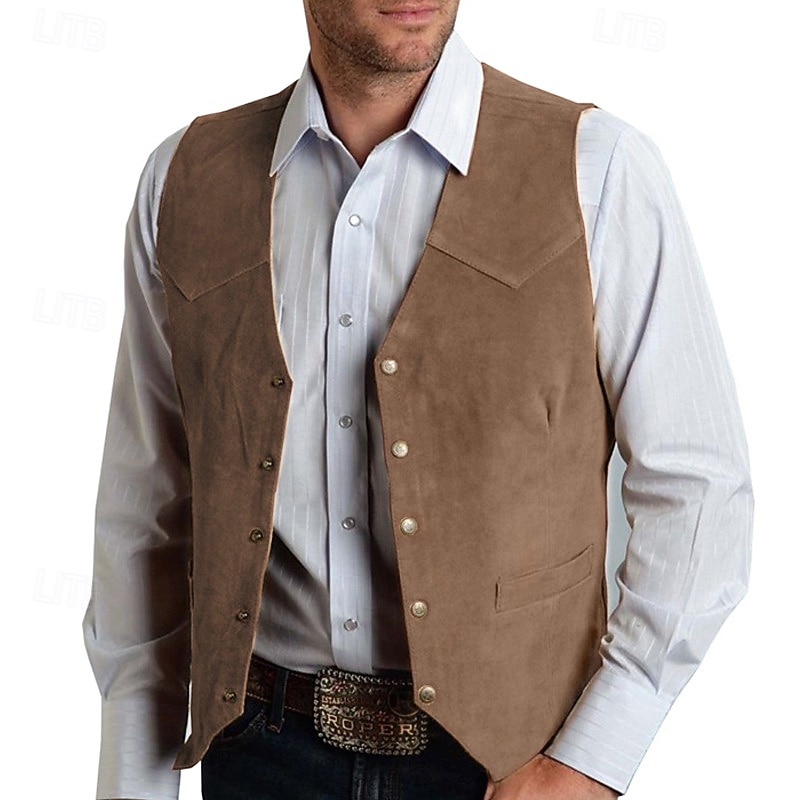 Men's Vest Waistcoat Gilet Vacation Daily Wedding Party Date Fashion Casual Spring Fall Buttons Pocket Nylon Comfortable Plain Single Breasted One-button V Neck Regular Fit Black Light Brown Coffee