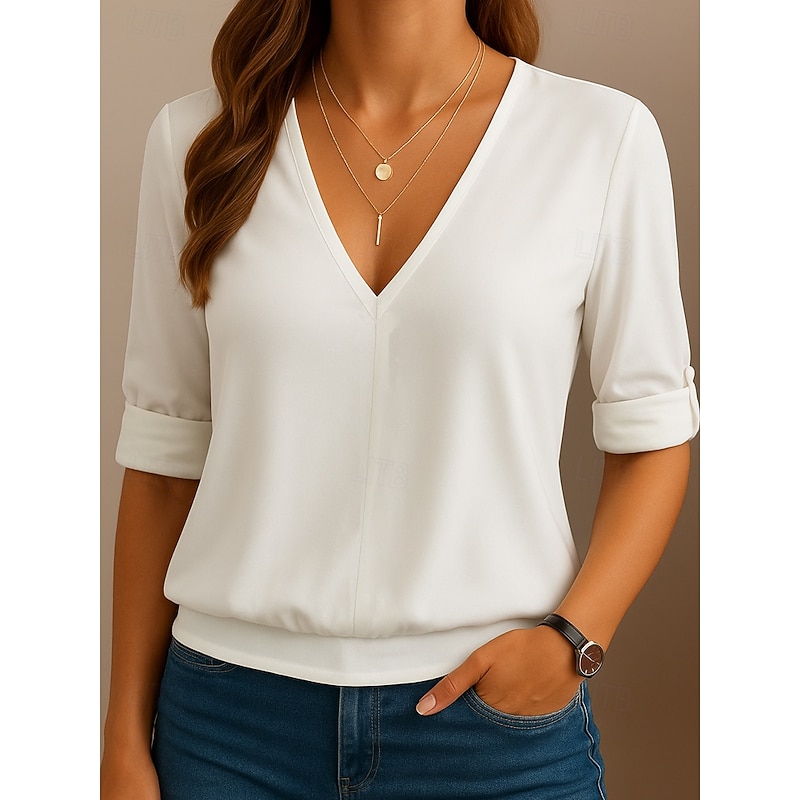 Women's Blouse Plain Casual Long Sleeve V Neck Regular Tops Daily Sports Buttons White Yellow Blue Green Spring, Fall, Winter, Summer