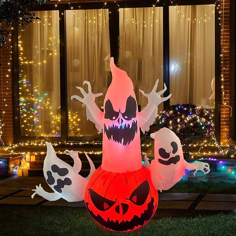 1 Pc Halloween 1.8M/5.91Inch3 Head Ghost Pumpkin with Lamp Inflatable Air Model Indoor and Outdoor Courtyard Garden Lawn Party Festival Atmosphere Decorative Lamp US/EU/UK/AU Plug4