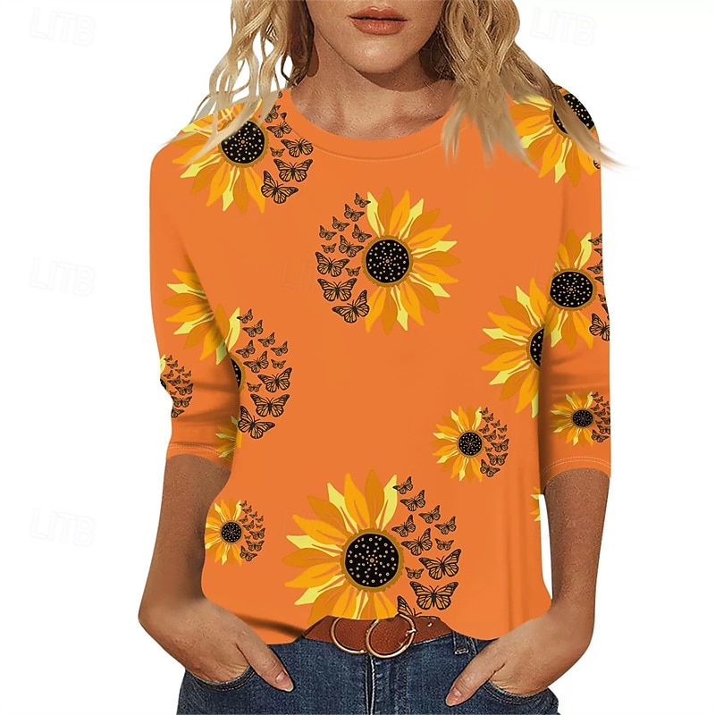 Women's T Shirt Graphic Sunflower Casual Short Sleeve Crew Neck Regular Tops Daily Going out Weekend Print Black White Yellow Orange Fall3
